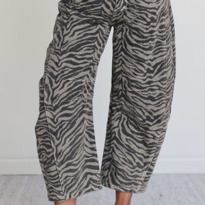 Gray Zebra Stripe Printed Wide Leg Jeans