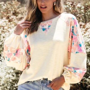 Apricot Textured Floral Patchwork Balloon Sleeve Blouse