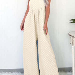 Beige Checkered Pocketed High Waist Wide Leg Overall