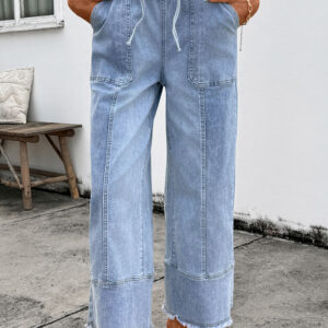 Beau Blue Drawstring Seam Detail Raw Hem Wide Leg Denim Pants