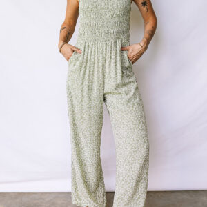 Green Smocked Bodice Square Neck Sleeveless Floral Jumpsuit