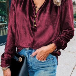 Burgundy Frilled Neck Buttoned Front Velvet Top