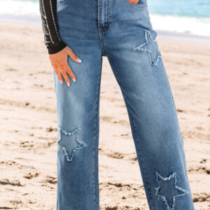Stone Blue Star Patchwork Cropped Wide Leg High Waist Jeans