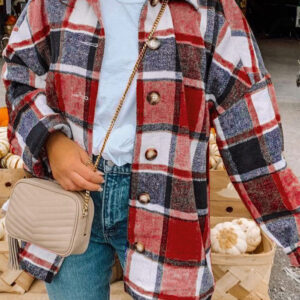 Fiery Red Hooded Plaid Button Front Shacket