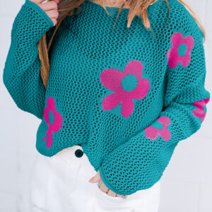 Sea Green Big Flower Hollowed Knit Drop Shoulder Sweater