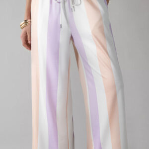 Purple Stripe Multicolored Print Drawstring Loose Pants with Side Pockets