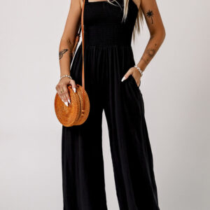 Black Smocked Sleeveless Wide Leg Jumpsuit with Pockets