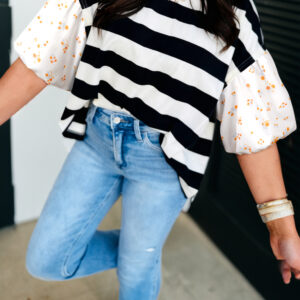 Black Stripe Floral Print Puff Sleeve Patchwork Blouse