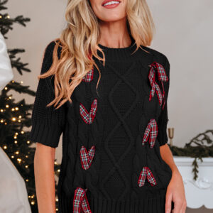 Black Plaid Lace up Detail Christmas Holiday Puff Short Sleeve Sweater