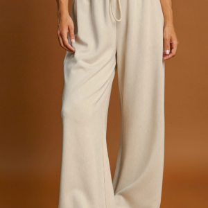 Apricot Loop Drawstring Elastic Waistband Casual Wide Leg Pants