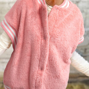 Gossamer Pink Varsity Striped Banding Patchwork Winter Plush Vest