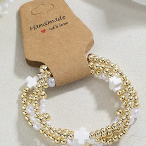 White Cross Pearl Decor Beaded Elastic Multi Layered Bracelet