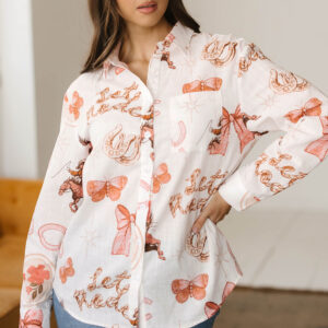 White Rodeo Cowgirl Print Western Button up Shirt