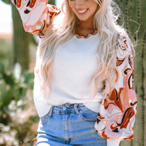 White Floral Patch Bishop Sleeve Sweater