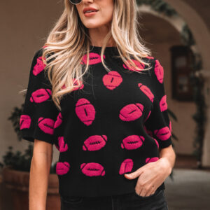 Black Rugby Print Casual Knit Short Sleeve Sweater