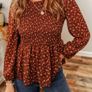 Boho Floral Smocked Bust Ruffled Peplum Blouse