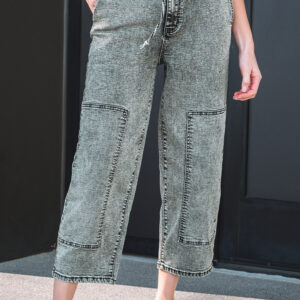 Gray Acid Wash Barrel Fit Denim Pants with Waist String