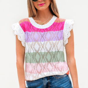 Rose Stripe Colorblock Hollowed Knit Scallop Edge Sweater Vest