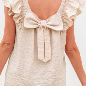 Beige Textured Bow Knot Frilled Butterfly Sleeve Blouse