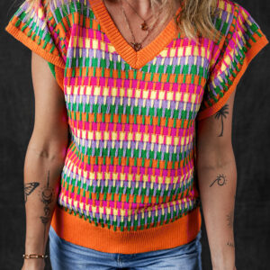 Orange Multi Flutter Sleeve Knitted Sweater Top