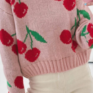 Pink Dainty Cherry Print Loose Cropped Sweater