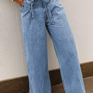 Beau Blue Western Washed Bow Knot Sash Wide Leg Jeans