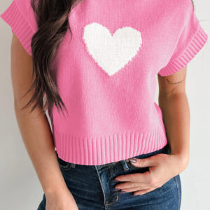 Pink Valentine Heart Graphic Cropped Short Sleeve Sweater