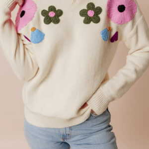 Beige Knitted Flower Pattern Ribbed Edge Sweater