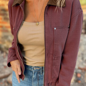 Coffee Corduroy Collar Zipped Front Denim Jacket