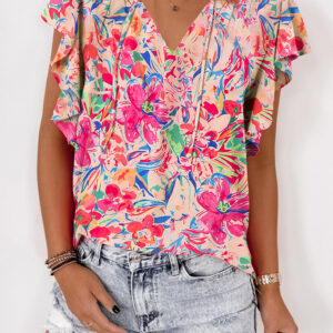 Multicolour Floral Ruffled Sleeve V Neck Summer Blouse