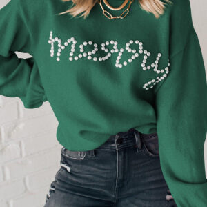 Blackish Green Pearl Beaded Merry Casual Sweater