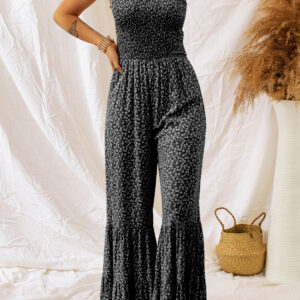 Black Thin Straps Smocked Bodice Wide Leg Floral Jumpsuit