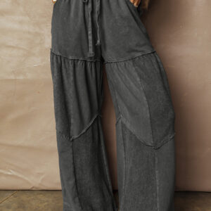 Black Mineral Wash Tiered Wide Leg Patchwork Drawstring Pants