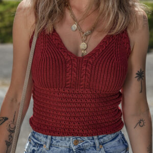 Burgundy Cable Knit Pointelle Slim Fit V Neck Sweater Vest