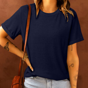 Blue Solid Color Crew Neck Tee
