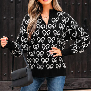 Black Cute Bow Pattern Drop Shoulder Zipped Collar Sweater
