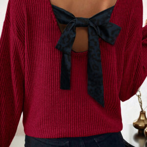 Racing Red Ribbed V Neck Contrast Ribbon Bow Back Drop Shoulder Long Sleeve Top