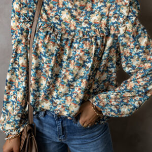 Sky Blue Floral Print Frilled Mock Neck Puff Sleeve Blouse