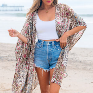 Apricot Floral Print Short Wide Sleeve Open Front Loose Kimono