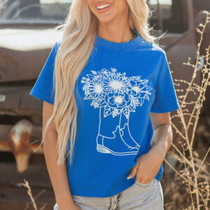 Blue Sunflower Boots Graphic Western Fashion T Shirt