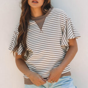 Parchment Contrast Detail Striped Ruffle Short Sleeve Top