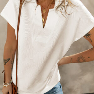 White Textured V Neck Collared Short Sleeve Top