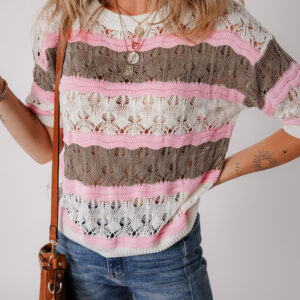Brown Stripe Color Block Hollow Out Crochet Half Sleeve Sweater