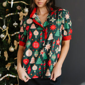 Green Christmas Fashion Print Contrast Trim Frilled Neck Short Sleeve Blouse