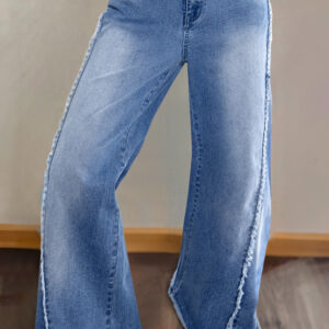 Beau Blue Vintage Stitching Raw Hem Flared Jeans