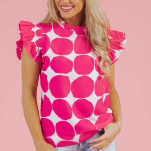 Rose Bubblegum Pattern Frilled Collar Flutter Sleeve Top