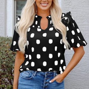 Black Polka Dot Print Shirred Yoke Notched Neck Balloon Sleeve Blouse