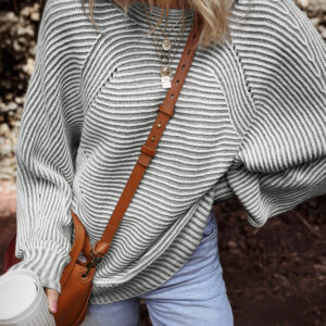 Medium Grey Striped Print Ribbed Knit Boat Neck Baggy Sweater