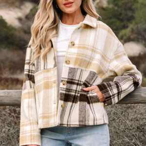 Multicolour Plaid Patchwork Side Pockets Buttoned Shacket