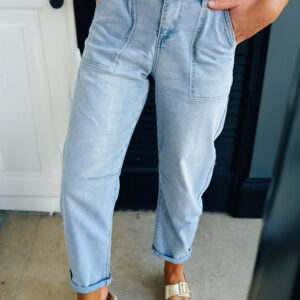 Beau Blue High Rise Barrel Relaxed Patch Pocket Jeans